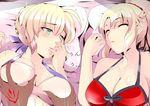  ahoge artoria_pendragon_(all) artoria_pendragon_(swimsuit_archer) bikini blonde_hair blush breast_grab breasts cleavage closed_eyes command_spell dark_skin dark_skinned_male fate/apocrypha fate/grand_order fate_(series) grabbing green_eyes groping implied_sex indoors lying medium_breasts mordred_(fate)_(all) mordred_(swimsuit_rider)_(fate) multiple_girls on_bed pillow red_bikini saber sleeping swimsuit syntier13 