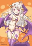  2015 bare_shoulders breasts cleavage cosplay dated demon_girl demon_horns demon_tail detached_sleeves empty_eyes fate/grand_order fate/stay_night fate_(series) full_body garter_straps halloween_princess_(fate/grand_order) heart heart-shaped_pupils heart_cutout horns illyasviel_von_einzbern irisviel_von_einzbern irisviel_von_einzbern_(cosplay) long_hair looking_at_viewer low_wings navel purple_legwear red_eyes revealing_clothes revision silver_hair small_breasts smirk solo soukai_(lemonmaiden) succubus symbol-shaped_pupils tail teeth thighhighs tongue tongue_out twitter_username wings 