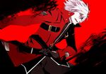  belt blazblue gloves hakama jacket japanese_clothes male_focus pale_skin ragna_the_bloodedge red_eyes red_jacket solo white_hair 