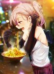  adjusting_hair chopsticks earrings eating elbow_gloves food gloves jewelry noodles original pink_eyes ponytail ramen ryouma_(galley) silver_hair solo wings 