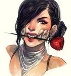  1girl black_hair flower_in_the_mouth hair_over_one_eye lipstick makeup mileena mortal_kombat mortal_kombat_x sharp_teeth solo yellow_eyes 