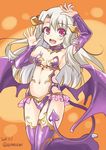  2015 bare_shoulders breasts cleavage cosplay dated demon_girl demon_horns demon_tail detached_sleeves fate/grand_order fate/stay_night fate_(series) full_body garter_straps halloween_princess_(fate/grand_order) heart_cutout horns illyasviel_von_einzbern irisviel_von_einzbern irisviel_von_einzbern_(cosplay) long_hair looking_at_viewer low_wings navel purple_legwear red_eyes revealing_clothes silver_hair small_breasts smile solo soukai_(lemonmaiden) succubus tail teeth thighhighs twitter_username wings 