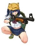  animal_ears bandaid bandaid_on_face blonde_hair blue_eyes camouflage fake_animal_ears fang full_body gloves gun hair_ornament hairclip hat highres open_mouth pleated_skirt shoes shooting_girl simple_background skirt sneakers solo squatting weapon white_background 