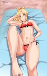  abs beach_towel blonde_hair blush breasts dated fate/apocrypha fate/grand_order fate_(series) feet front-tie_top green_eyes hand_behind_head long_toes lying midriff mordred_(fate) mordred_(fate)_(all) navel on_back ponytail side-tie_bottom small_breasts solo swimsuit thighs toes tom-masu towel 