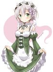  2016 adapted_costume alternate_color apron artist_name black_ribbon blush cosplay dated detached_sleeves frilled_sleeves frills green_eyes hair_ornament hairband konpaku_youmu lifted_by_self maid maid_headdress re:zero_kara_hajimeru_isekai_seikatsu rem_(re:zero) rem_(re:zero)_(cosplay) ribbon short_hair signature silver_hair skirt_hold smile solo taishi_(moriverine) touhou underbust x_hair_ornament 