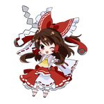  ;d arm_up ascot bow brown_eyes brown_hair chibi detached_sleeves frilled_bow frilled_skirt frills full_body gohei hair_bow hair_tubes hakurei_reimu nonoko_(capsule-nnk) one_eye_closed open_mouth ponytail red_bow red_cross ribbon_trim sidelocks skirt smile solo touhou transparent_background white_legwear white_skirt wide_sleeves 
