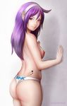  against_wall artist_name asamiya_athena ass breasts cherry-gig hairband lips logo long_hair looking_at_viewer looking_back medium_breasts nipples panties purple_eyes purple_hair signature skindentation smile solo the_king_of_fighters thighs topless underwear white_panties 