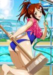  ass bachou_mouki bikini blue_bikini broom brown_eyes brown_hair day hair_ornament hair_scrunchie high_ponytail holding hose ikkitousen long_hair looking_at_viewer open_mouth outdoors pool red_shirt scrunchie shirt sky solo swimsuit swimsuit_under_clothes tied_shirt water wet wet_clothes wet_shirt 