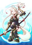  ahoge alternate_costume aqua_eyes braid breasts cleavage ebi_puri_(ebi-ebi) eponine_(fire_emblem_if) fire_emblem fire_emblem_if fox_tail katana kunai long_hair mask mask_removed medium_breasts sandals solo sword tail twin_braids weapon white_hair 