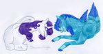  2016 blue_feathers blue_fur blue_hair clothed_eyes dawn22eagle duo equine eyelashes eyes_closed fan_character feathered_wings feathers female feral friendship_is_magic fur hair hi_res hooves horn lying mammal my_little_pony open_mouth pegasus purple_hair rarity_(mlp) simple_background smile traditional_media_(artwork) unicorn white_background wings 
