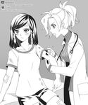  artist_name atobesakunolove bandaid_on_forehead bandaid_on_leg bandaid_on_shoulder bangs blush braid collarbone doctor dress eye_of_horus facebook facebook_username facial_mark facial_tattoo greyscale hair_tubes highres injury labcoat long_sleeves looking_away mercy_(overwatch) monochrome multiple_girls open_mouth overwatch pharah_(overwatch) pocket ponytail poultice profile ribbed_sweater shirt short_hair short_sleeves shorts side_braids sitting stethoscope sweater sweater_dress swept_bangs tattoo twitter twitter_username watermark web_address yuri 