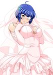  ahoge blue_hair breasts bridal_veil dress elbow_gloves eyebrows eyebrows_visible_through_hair eyepatch gloves green_eyes ikkitousen large_breasts looking_at_viewer mole mole_under_mouth pink_dress pink_gloves pink_wedding_dress ryomou_shimei see-through short_hair simple_background solo veil wedding_dress white_background 