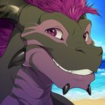  2016 anthro barzillai beach black_scales blue_sky dagger_leonelli day detailed_background digital_media_(artwork) dragon front_view hair headshot_portrait horn icon looking_at_viewer male multicolored_scales outside portrait purple_eyes purple_hair purple_scales scales scalie sea seaside sky smile solo teeth two_tone_scales water 