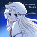  2016 bat_hair_ornament blue_eyes bow cape daamiyan dated fang hair_ornament happy_birthday hat large_buttons little_busters! long_hair night night_sky noumi_kudryavka pink_bow school_uniform silver_hair sky solo 