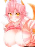  animal_ears breasts breasts_outside casual endou-jun fate/extra fate/grand_order fate_(series) fox_ears fox_tail highres large_breasts looking_at_viewer nipples open_clothes open_shirt pink_hair shirt simple_background solo tail tamamo_(fate)_(all) tamamo_no_mae_(fate) white_background yellow_eyes 