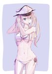  adjusting_hair ass_visible_through_thighs bare_shoulders bikini blue_eyes breasts bunching_hair cleavage collarbone cosplay covered_nipples cowboy_shot dressing dying_(dying0414) graf_zeppelin_(kantai_collection) hair_between_eyes hair_tie hat kantai_collection long_hair looking_at_viewer medium_breasts mouth_hold navel outside_border peaked_cap purple_background ribbon sailor_bikini sailor_collar side-tie_bikini simple_background solo standing swimsuit thighs toned tsurime twintails underboob white_bikini white_ribbon z3_max_schultz_(kantai_collection) z3_max_schultz_(kantai_collection)_(cosplay) 