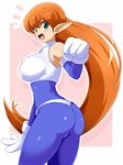  1girl artist_request ass bare_shoulders blush bodysuit breasts fang galaxy_fight gloves green_eyes large_breasts long_hair looking_at_viewer open_mouth orange_hair pointy_ears roomi shiny shiny_clothes shiny_hair skin_tight smile solo spandex very_long_hair 