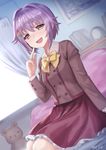  :d artist_name bed_sheet blazer blurry book bow bowtie brown_eyes brown_jacket buttons curtains depth_of_field dutch_angle finger_to_face hair_ornament hairclip idolmaster idolmaster_cinderella_girls indoors jacket koshimizu_sachiko long_sleeves looking_at_viewer meto31 no_pupils open_mouth painting_(object) picture_frame pillow pink_hair purple_skirt short_hair signature skirt smile solo stuffed_animal stuffed_toy teddy_bear window yellow_bow yellow_neckwear 