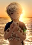  backlighting blurry braid breasts cleavage cleavage_cutout closed_mouth cloud_print depth_of_field evening highres horizon jewelry kantai_collection lens_flare long_hair looking_at_viewer medium_breasts midriff ocean papi_(papiron100) ring short_sleeves silver_hair single_braid smile solo sunlight sunset tassel unryuu_(kantai_collection) very_long_hair water wedding_band yellow_eyes 