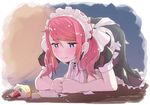  all_fours apron artist_name blue_eyes blush cake commentary_request crying crying_with_eyes_open food fork frills fruit kagawa_yuusaku maid maid_headdress original pink_hair plate puffy_short_sleeves puffy_sleeves short_sleeves solo strawberry tears twintails wooden_floor 