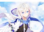  akemaru all_male blue_eyes braids clouds granblue_fantasy hoodie long_hair male noa_(grablue_fantasy) ponytail scarf signed sky white_hair 