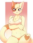  anthro breasts brown_hair cat clothed clothing feline female fur gradient_background grey_eyes hair looking_at_viewer mammal midriff navel pink_nose simple_background solo spazzykoneko standing thick_thighs white_background white_fur wide_hips 
