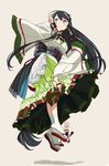  absurdly_long_hair adjusting_hair black_eyes black_hair blush bridal_gauntlets commentary_request floating floral_print full_body japanese_clothes kantai_collection long_hair looking_back low-tied_long_hair mizuho_(kantai_collection) obi sash smile solo ume_(plumblossom) very_long_hair white_background 