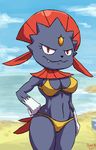  2013 anthro anthrofied armpits athletic beach bikini breasts claws cleavage clothed clothing cloud fangs feathers female gem hand_on_hip looking_at_viewer low_res mammal midriff navel nintendo pok&eacute;mon pok&eacute;morph poopysocks9 seaside sharp_teeth solo standing swimsuit teeth thick_thighs video_games water weavile 