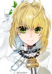  ahoge belt blonde_hair bodysuit breasts chain closed_mouth fate/extra fate/extra_ccc fate_(series) flower green_eyes hair_intakes hita_(hitapita) lock looking_at_viewer medium_breasts nero_claudius_(bride)_(fate) nero_claudius_(fate)_(all) padlock portrait smile solo twitter_username veil white_background white_bodysuit zipper 