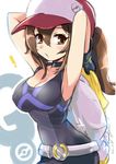  :o arms_up baseball_cap belt black_gloves blush breasts brown_eyes brown_hair choker cleavage collarbone female_protagonist_(pokemon_go) gloves hair_between_eyes hat holding holding_clothes holding_jacket jacket jacket_removed kurono_tokage long_hair medium_breasts open_mouth pokemon pokemon_(game) pokemon_go ponytail solo tank_top twitter_username 