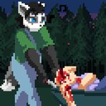  animated anthro badger black_hair blood blue_eyes clothed clothing corpse damien_monroe dark death digital_media_(artwork) forest hair low_res male mammal musical_note mustelid night outside pants pixel_(artwork) shirt tree vodthefur walking wheelbarrow whistling 