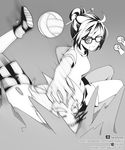  1girl alternate_costume artist_name atobesakunolove beads black-framed_eyewear blood blood_from_mouth blood_in_mouth closed_mouth facebook_username furrowed_eyebrows glasses greyscale hair_bun hair_ornament hair_stick hand_on_another's_head highres junkrat_(overwatch) mei_(overwatch) monochrome overwatch serious shirt shoes short_sleeves shorts sidelocks smile snowflake_hair_ornament sportswear teeth twitter_username volleyball volleyball_uniform watermark web_address 