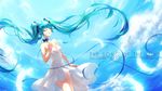  2016 absurdres artist_name character_name closed_eyes cloud copyright_name dated dress feathers floating_hair green_hair hand_on_own_chest hatsune_miku highres long_hair luo_qingyu open_mouth sky solo strapless strapless_dress twintails very_long_hair vocaloid white_dress 