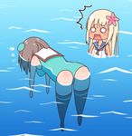  2girls adapted_costume afloat aqua_swimsuit ass blonde_hair breasts brown_hair deformed hat highres kantai_collection maya_(kantai_collection) medium_breasts mini_hat multiple_girls o_o one-piece_swimsuit remodel_(kantai_collection) ro-500_(kantai_collection) school_swimsuit sketch surprised swimsuit tan thighhighs unconscious water yasuto_(eria151) 