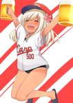  absurdres alcohol arms_up baseball_cap baseball_uniform beer beer_mug blonde_hair blush closed_eyes clothes_writing commentary_request cup flower go-1 hair_flower hair_ornament hat highres hiroshima_touyou_carp holding holding_cup kantai_collection long_hair nippon_professional_baseball one-piece_tan open_mouth ro-500_(kantai_collection) school_swimsuit smile solo sportswear swimsuit swimsuit_under_clothes tan tanline 