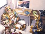  asian bed blue_eyes book chair clothed clothing clouded_leopard computer feline green_eyes leopard_cat mammal nekojishi office_chair robbw scar socket table tattoo tiger tribal video_games yellow_eyes 