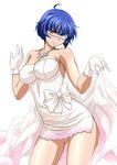  ahoge bare_shoulders blue_hair bow breasts cleavage dress eyepatch gloves green_eyes ikkitousen jewelry large_breasts looking_at_viewer mole mole_under_mouth necklace ryomou_shimei short_hair simple_background smile solo strapless strapless_dress white_background white_bow white_gloves 