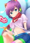  absurdres ahri alternate_costume animal_ears arcade_ahri bra bracelet breasts cleavage fox_ears fox_tail headphones highres jewelry league_of_legends looking_at_viewer medium_breasts midriff mole mole_under_eye multiple_tails nail_polish nanabe navel purple_eyes purple_hair red_scarf scarf short_hair smile solo tail thighhighs underwear 