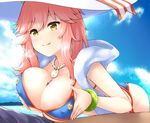  1girl :q bangs bent_over bikini blue_bikini blue_sky bracelet breasts breath cleavage cloud cloudy_sky covered_nipples cum cum_on_body cum_on_breasts cum_on_upper_body day eyebrows_visible_through_hair fate/extra fate/grand_order fate_(series) hair_between_eyes half-closed_eyes hat hetero jewelry large_breasts long_hair looking_at_another necklace ocean outdoors paizuri penis pink_hair precum shawl side-tie_bikini sky solo_focus sun_hat swimsuit tamamo_(fate)_(all) tamamo_no_mae_(fate) tamamo_no_mae_(swimsuit_lancer)_(fate) tongue tongue_out uni8 white_hat yellow_eyes 