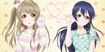  blue_hair bow brown_hair hair_bow heart long_hair love_live! love_live!_school_idol_project minami_kotori multiple_girls one_side_up open_mouth polka_dot polka_dot_background senananana_a smile sonoda_umi string_phone striped striped_sweater sweater yellow_eyes yuri 