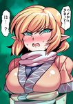  bangs blonde_hair breasts brown_shirt commentary d: daijoubu?_oppai_momu? embarrassed fang green_background large_breasts mizuhashi_parsee open_mouth parody pointy_ears scarf shirt short_hair short_sleeves solo sweat sweating_profusely touhou translated tsuki_wani upper_body v-shaped_eyebrows white_scarf 