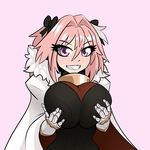  astolfo_(fate) bow breasts cape collar fate/apocrypha fate_(series) genderswap genderswap_(mtf) grin hair_intakes highres huge_breasts limebreaker no_neck pink_hair purple_eyes short_hair smile solo 