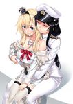  black_hair blonde_hair blue_eyes blush breasts cleavage closed_eyes crown dress female_admiral_(kantai_collection) gloves hairband hat highres hug hug_from_behind jewelry kantai_collection large_breasts long_hair matsuryuu military military_uniform mini_crown multiple_girls naval_uniform necklace off_shoulder peaked_cap sitting sweatdrop thighhighs uniform warspite_(kantai_collection) white_gloves white_legwear yuri zettai_ryouiki 