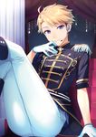  :&gt; arm_support blonde_hair curtains double-breasted ensemble_stars! epaulettes eyebrows eyebrows_visible_through_hair girly_boy gloves headset legs_up looking_at_viewer male_focus mochiko_(mochiko3121) narukami_arashi pants purple_eyes solo white_gloves white_pants 