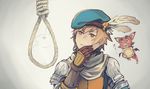 :3 :d alternate_costume animal bangs beret blue_hat brown_eyes brown_gloves bunny chin_stroking dragon eyebrows eyebrows_visible_through_hair gloves gran_(granblue_fantasy) granblue_fantasy grey_background hair_between_eyes hand_on_own_chin hand_on_own_face hat hat_feather hawkeye_(granblue_fantasy) light_brown_hair male_focus man_looking_at_noose_(meme) meme non-web_source noose open_mouth photo-referenced rope scarf shoulder_pads smile solo thinking translated upper_body vee_(granblue_fantasy) vento white_scarf 