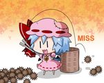  :3 basket blue_hair blush bow brooch chestnut chibi commentary dress english full_body hair_bow hat holding jewelry leaf mob_cap motion_lines noai_nioshi open_mouth pink_dress puffy_short_sleeves puffy_sleeves red_bow remilia_scarlet ribbon-trimmed_clothes ribbon_trim shadow short_hair short_sleeves smile solo standing stitches throwing tongs touhou |_| 