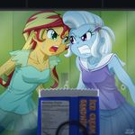  2girls ice_cream_sandwich multiple_girls my_little_pony my_little_pony_equestria_girls my_little_pony_friendship_is_magic personification sunset_shimmer sweat tagme trixie_lulamoon uotapo vending_machine 