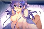  1girl anemone_(flower_knight_girl) blue_eyes blush breasts censored collarbone curtains flower_knight_girl game_cg girl_on_top hair_ornament happy_sex hetero large_breasts long_hair mosaic_censoring nipples official_art open_mouth purple_hair pussy_juice see-through sex smile solo_focus sugimeno tears vaginal 