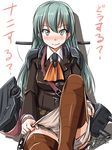  2016 aqua_eyes aqua_hair ascot blazer blush brown_legwear cannon dated flight_deck hair_ornament hairclip jacket kantai_collection loafers long_hair looking_at_viewer machinery panties panty_pull pleated_skirt rigging school_uniform shoes skirt smile solo suzuya_(kantai_collection) tatsumi_ray translation_request turret twitter_username underwear 
