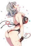  ahoge arched_back ass bikini black_bikini blush breasts bridal_gauntlets brown_eyes curly_hair grey_hair highres kusanagi_tonbo large_breasts looking_back nipples open_mouth petals profile short_hair simple_background smile solo swimsuit white_background wrist_cuffs 